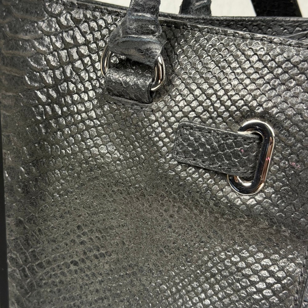 Michael Kors Hamilton Black Snakeskin Embossed Leather Satchel Handbag Silver HW - Picture 6 of 11